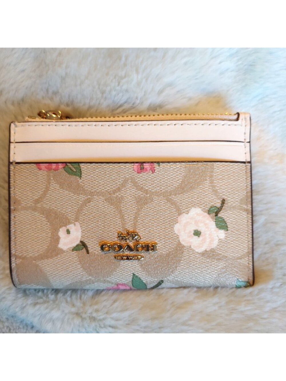 Coach CR971 Floral Signature Canvas Zip Card Case ID Wallet Pink Rose Cottage